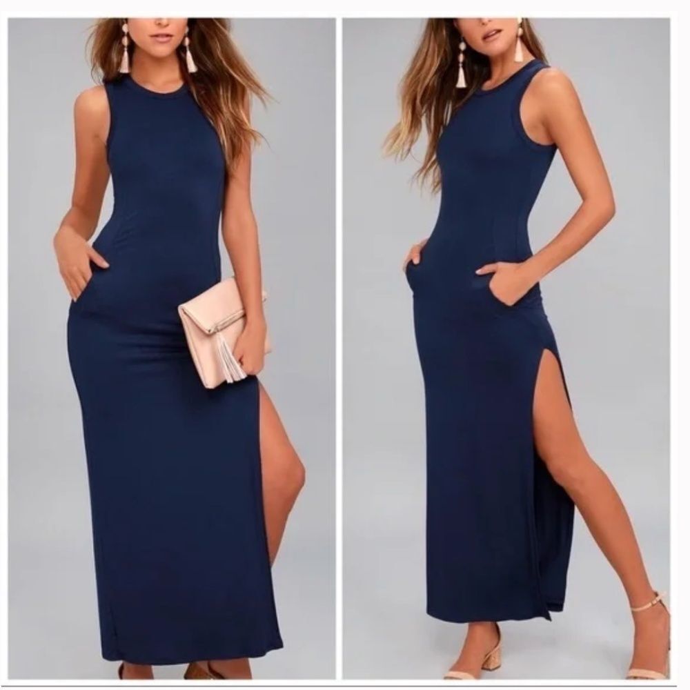 Lulu's Navy Sleeveless Maxi Dress with Side Slit